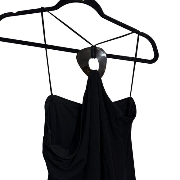 BCBGMaxAzria Black Halter Midi Dress – Size Large, Open Back with Ring Detail - Picture 2 of 4